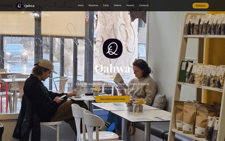 Home page of qahwa.es showing the coffee shop menu